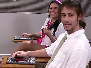 Stepteen helped by bigtitted teacher in class